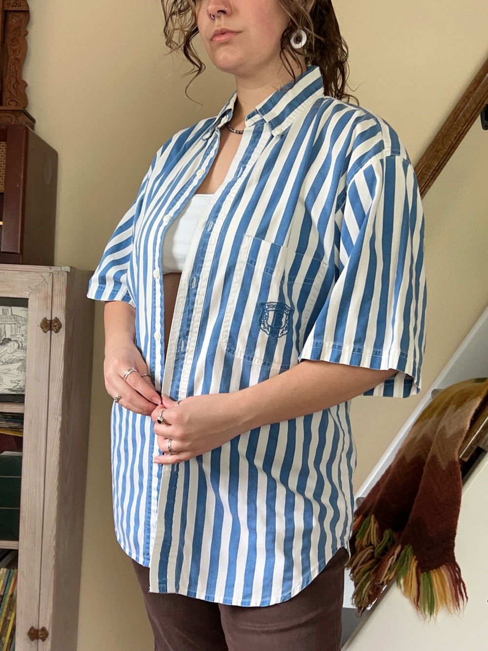 Vintage 90s Bugle Boy Blue White Striped Cotton Button Up Shirt Oversized Large